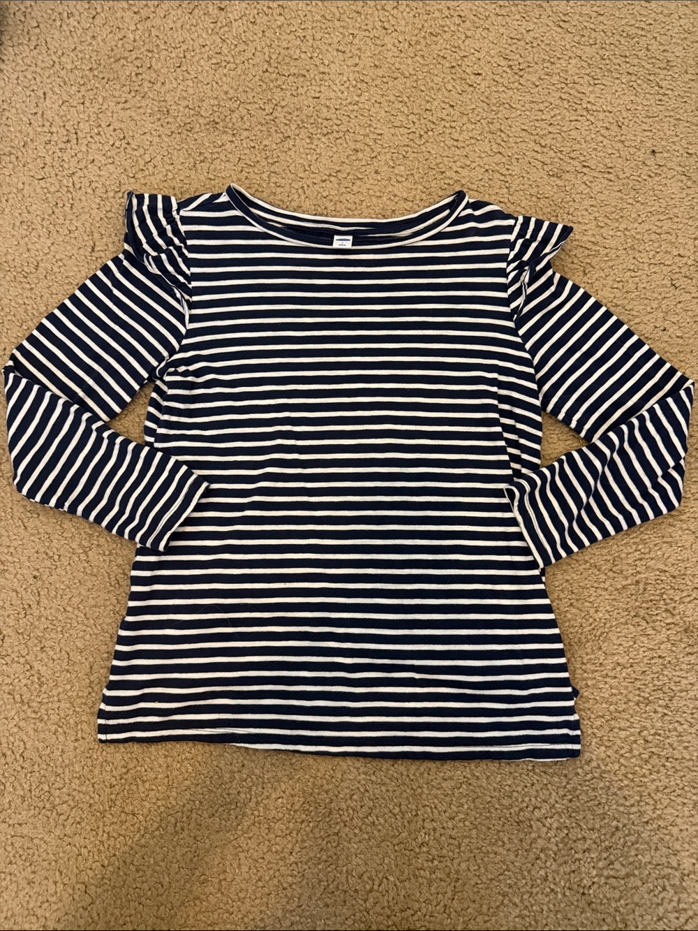 Old Navy Navy and White Striped Long Sleeve Ruffle Shoulder Top